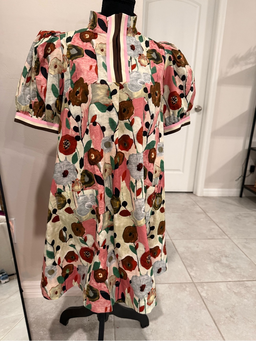 Entro Floral Tiered Midi Dress Size M Puff Sleeve High Neck Cottagecore